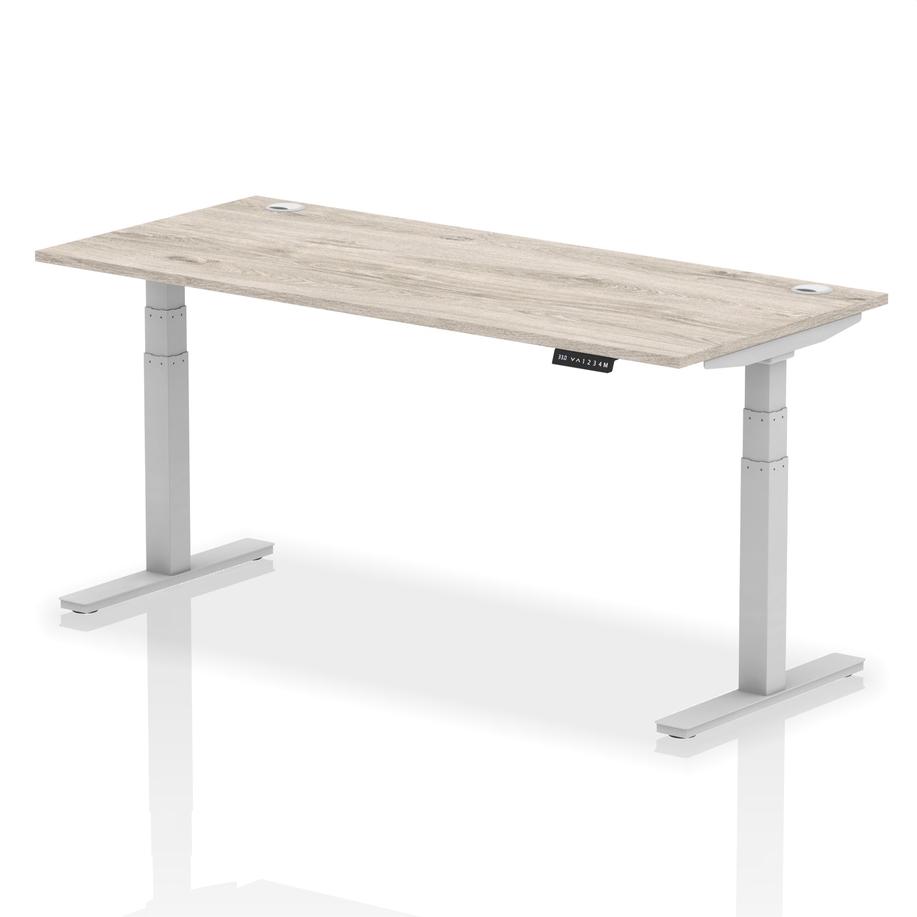 Adjustable height desk with wood-effect top and metal legs on a white background