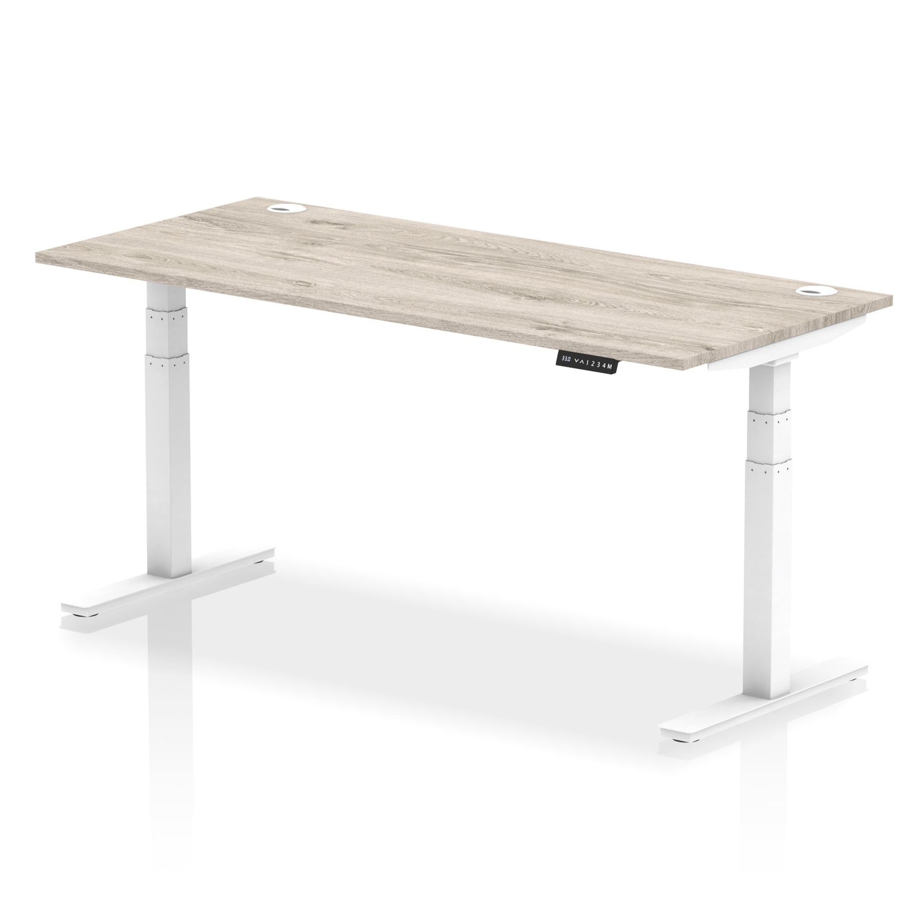 Adjustable height desk with wood-effect top and metal legs on a white background