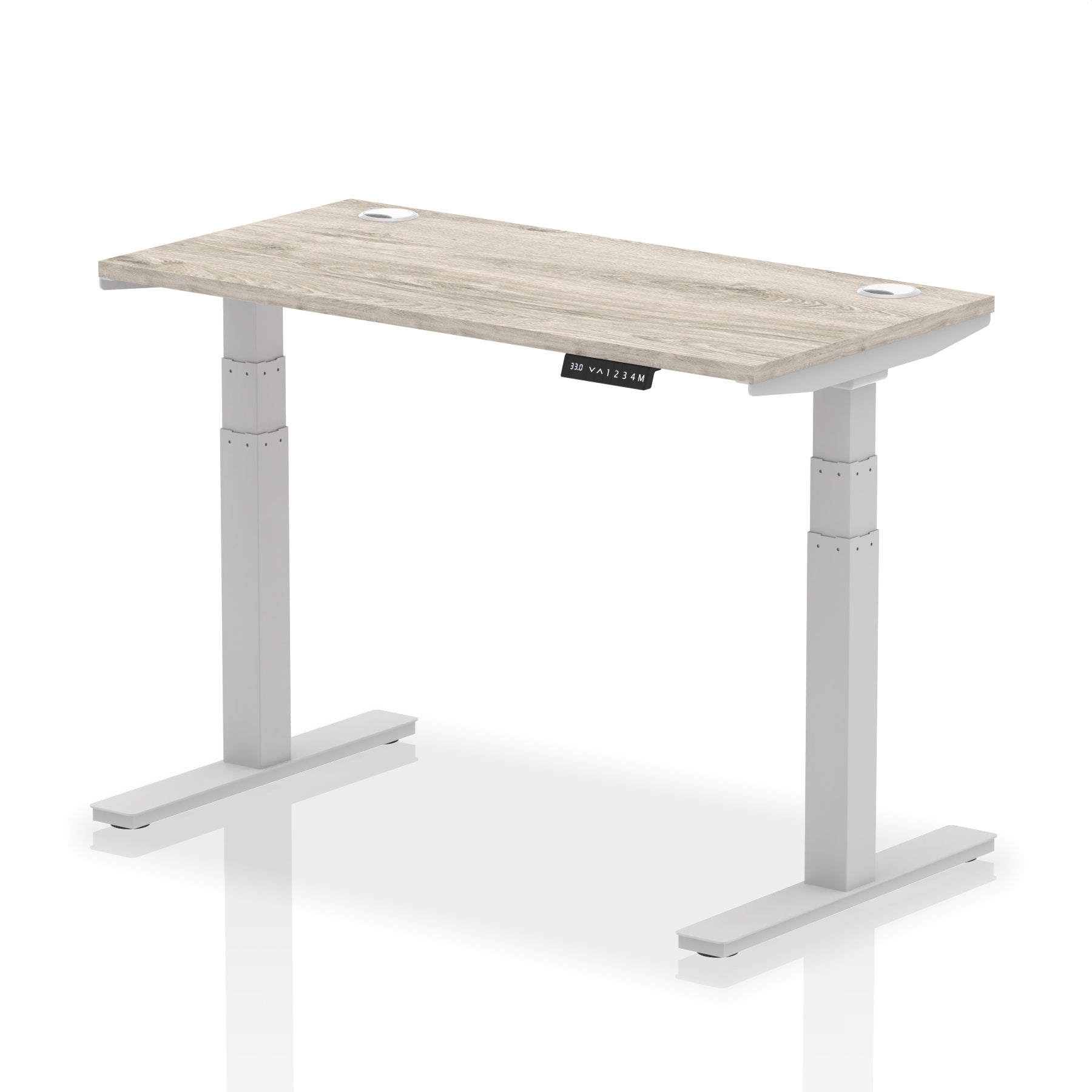 Adjustable height desk with wood-effect top and metal legs on a white background
