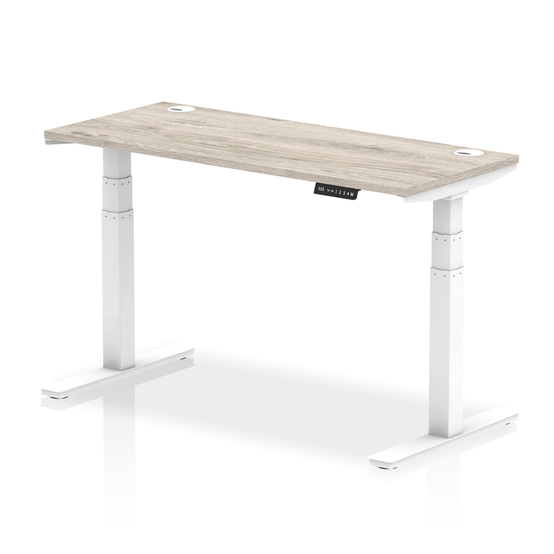 Adjustable height desk with wood-effect top and metal legs on a white background