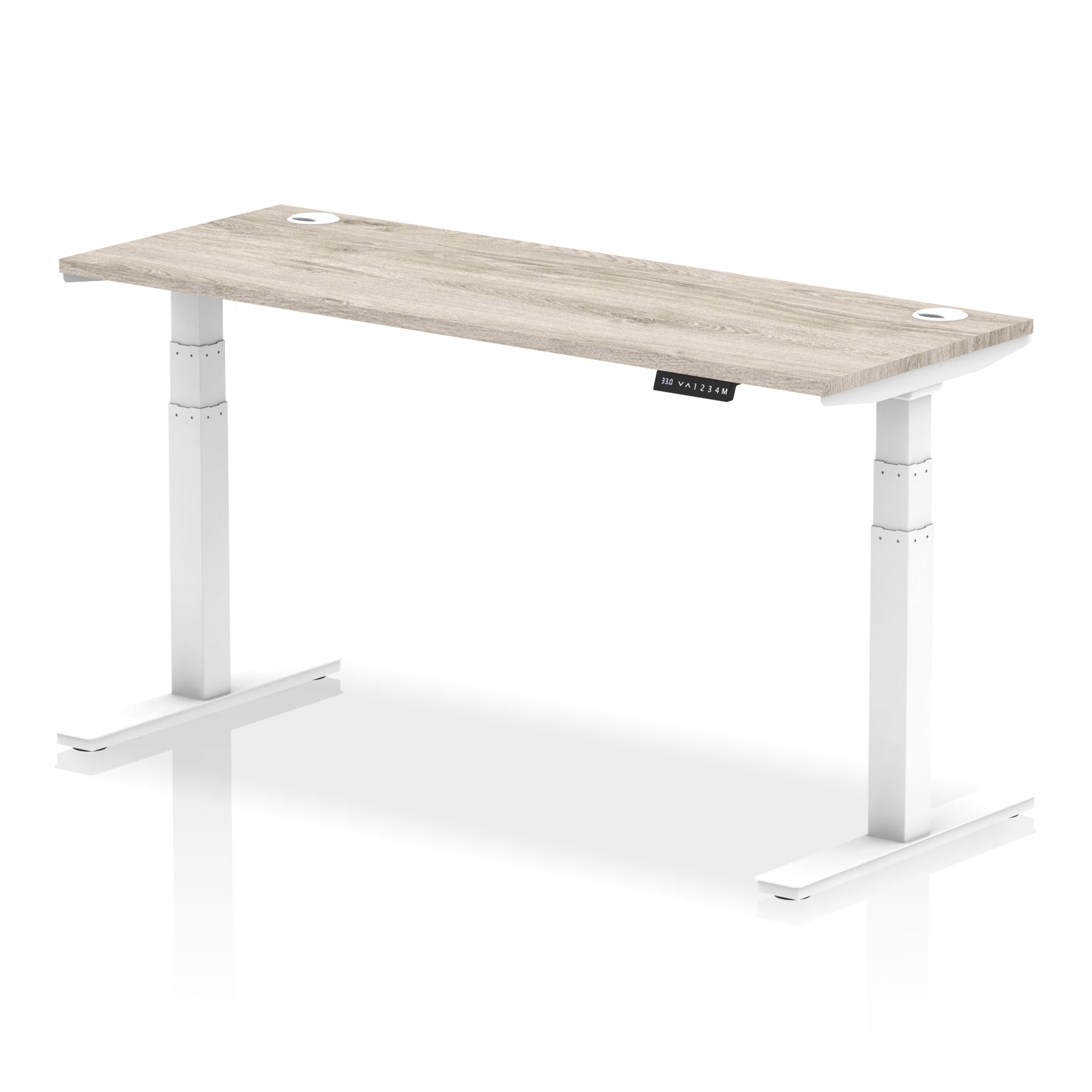 Adjustable height desk with wood-effect top and metal legs on a white background
