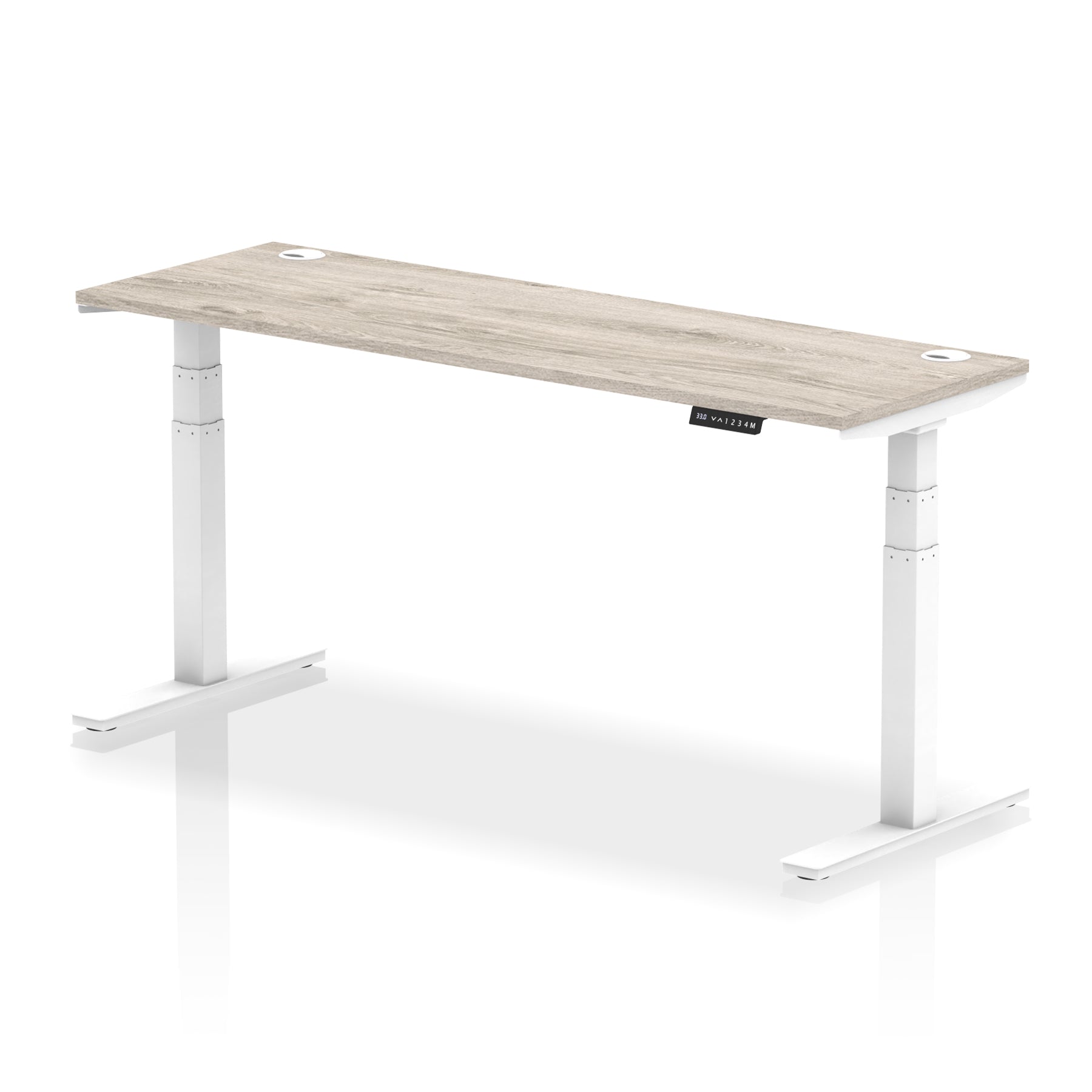 Adjustable height desk with wood-effect top and metal legs on a white background
