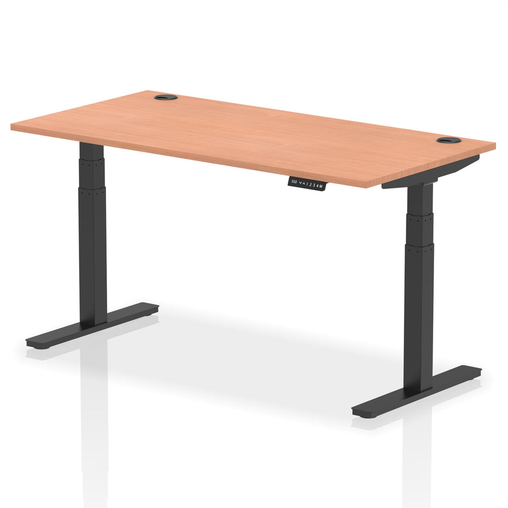 Adjustable height desk with wood-effect top and metal legs on a white background