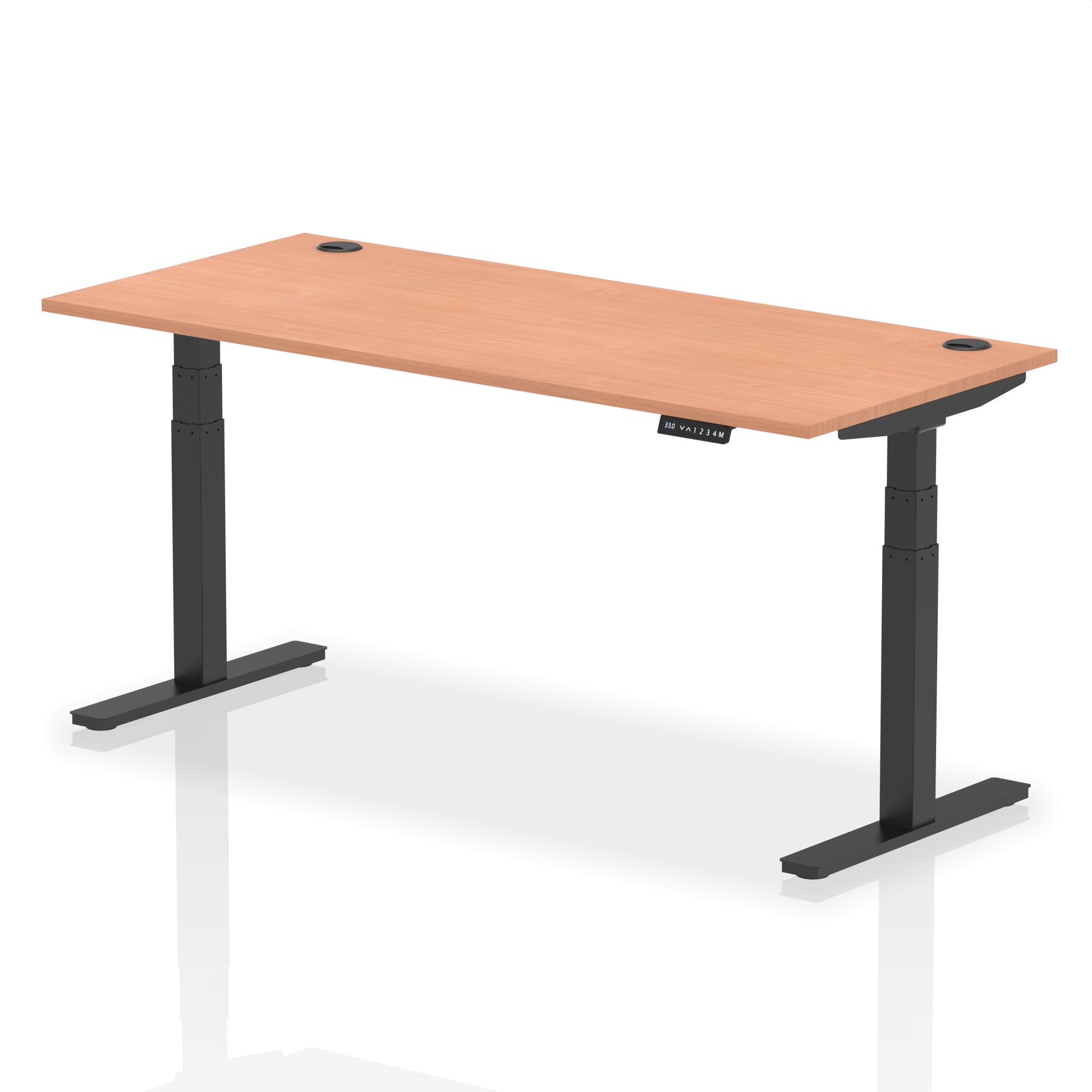 Adjustable height desk with wood-effect top and metal legs on a white background