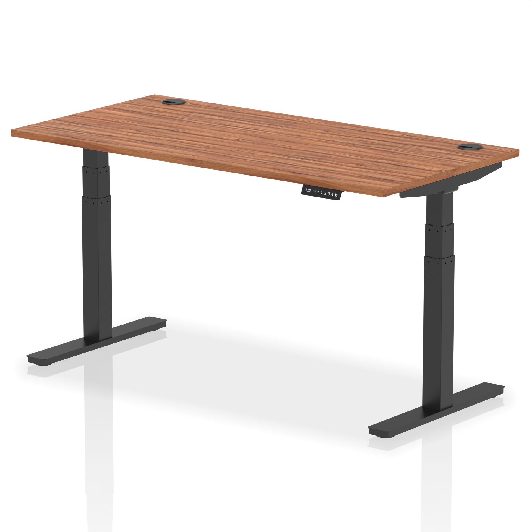 Adjustable height desk with wood-effect top and metal legs on a white background