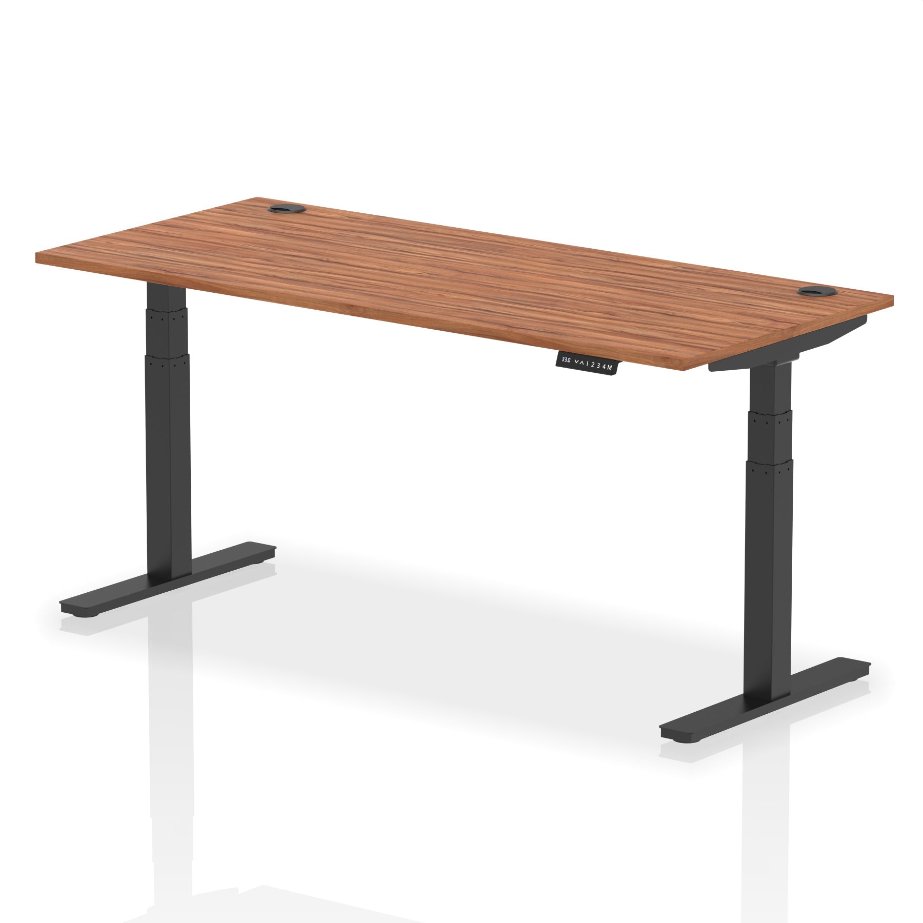 Adjustable height desk with wood-effect top and metal legs on a white background