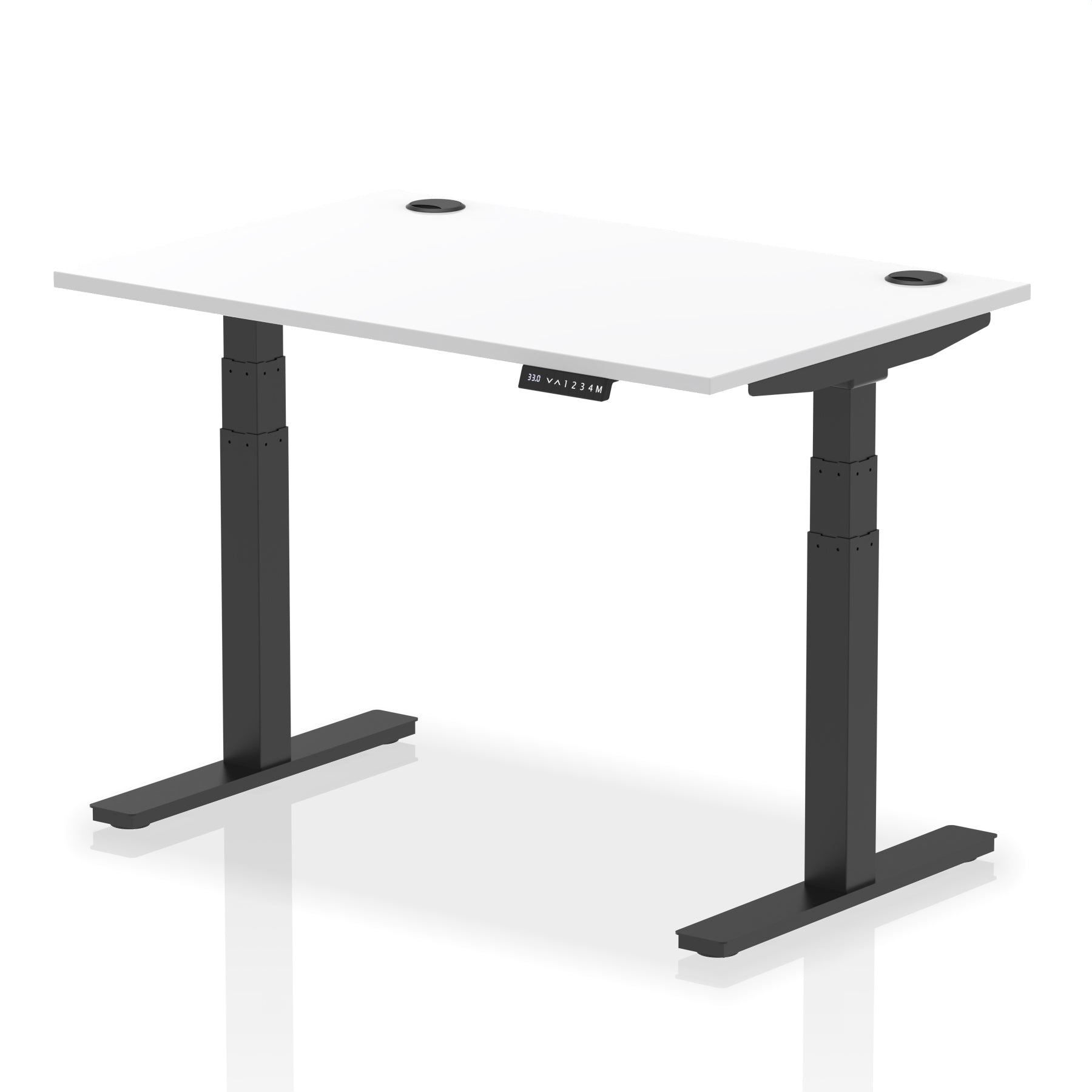Adjustable height desk with white top and metal legs on a white background