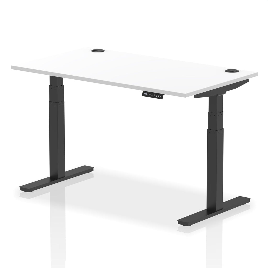 Adjustable height desk with white top and metal legs on a white background