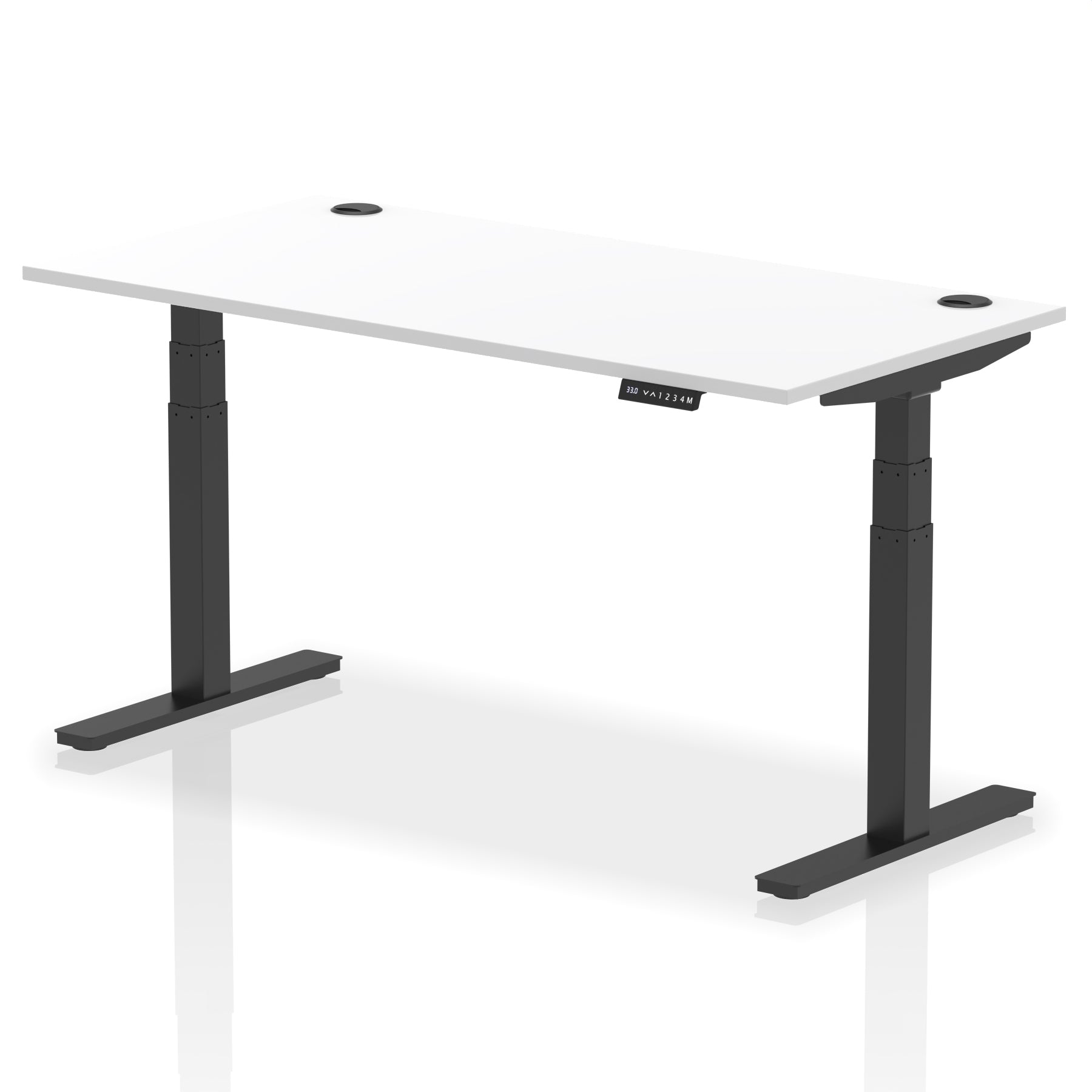 Adjustable height desk with white top and metal legs on a white background