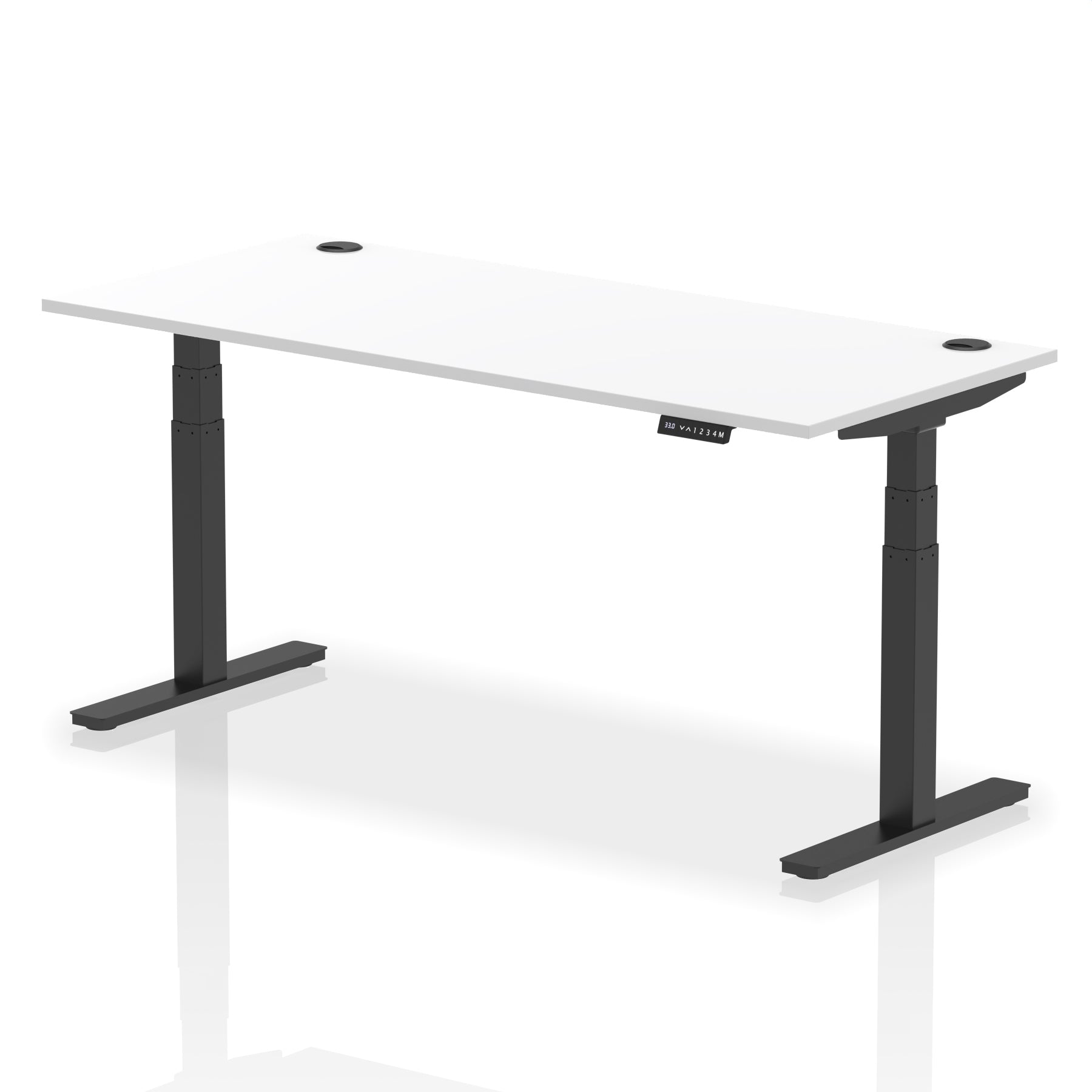Adjustable height desk with white top and metal legs on a white background