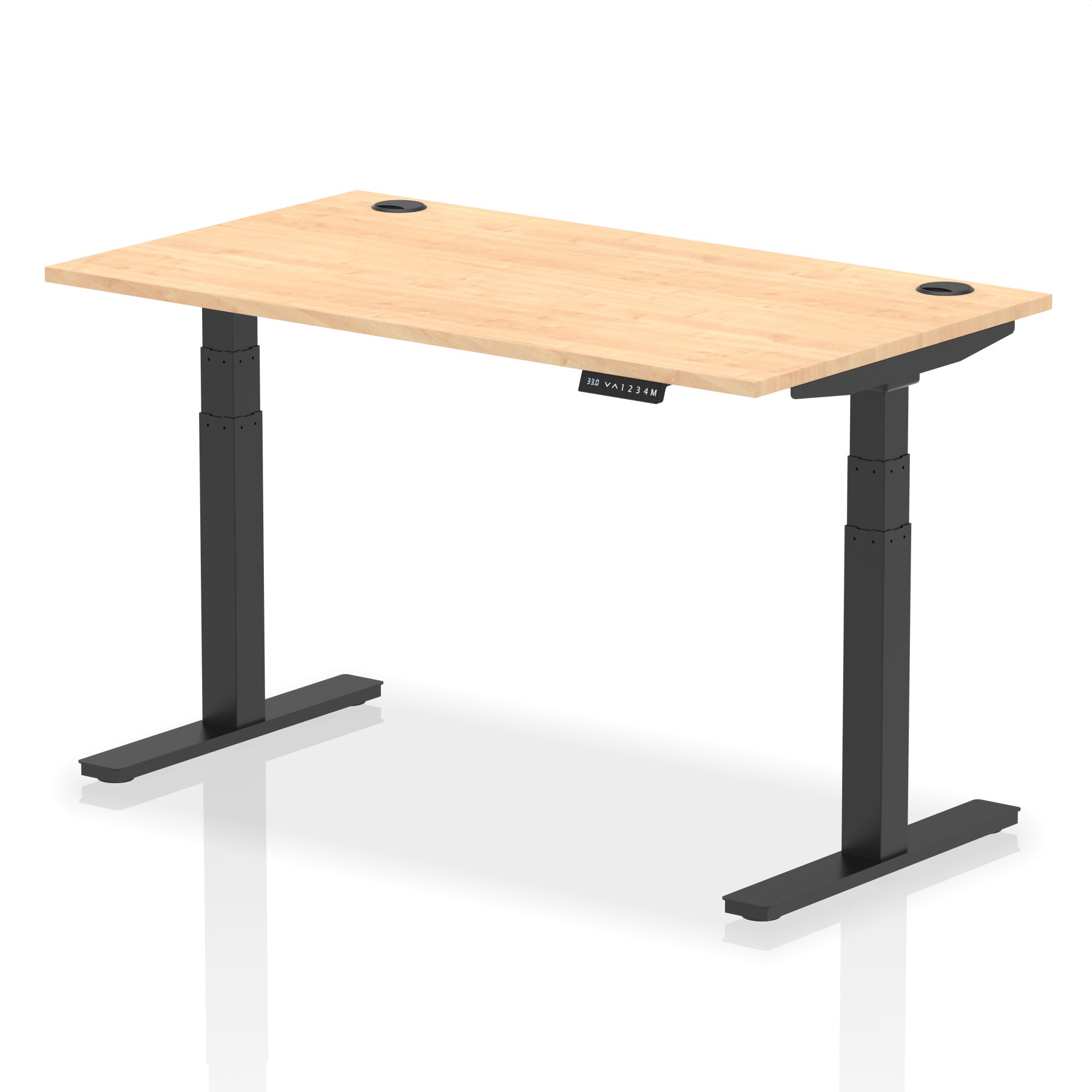 Adjustable height desk with wood-effect top and metal legs on a white background