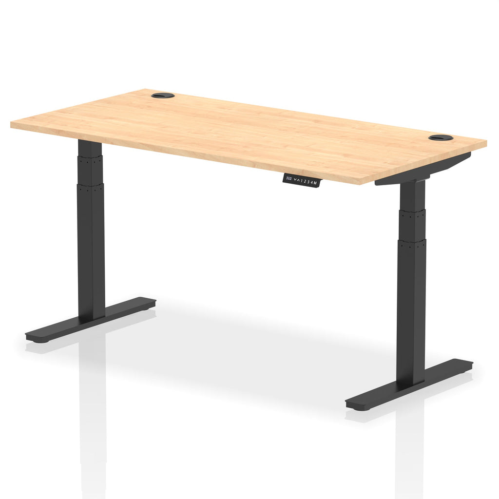 Adjustable height desk with wood-effect top and metal legs on a white background