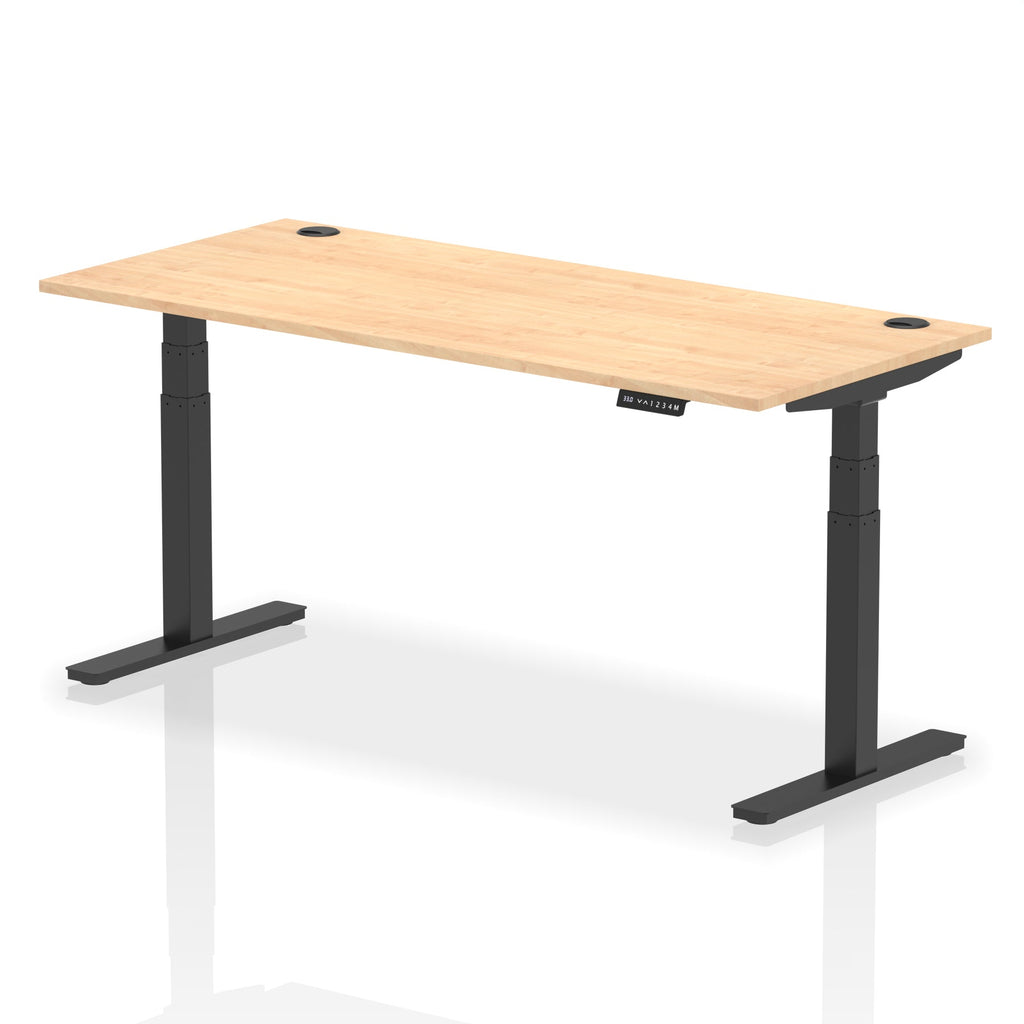 Adjustable height desk with wood-effect top and metal legs on a white background
