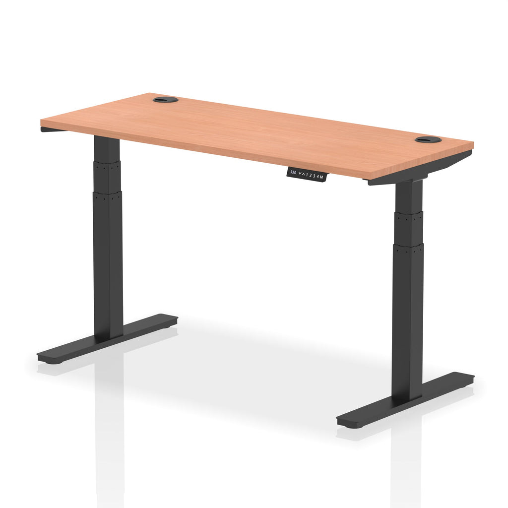Adjustable height desk with wood-effect top and metal legs on a white background