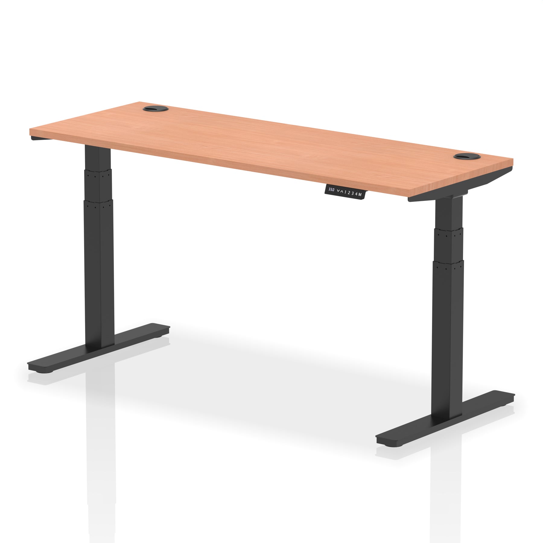 Adjustable height desk with wood-effect top and metal legs on a white background