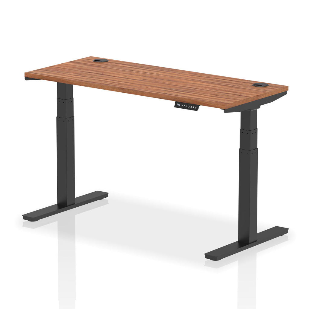 Adjustable height desk with wood-effect top and metal legs on a white background