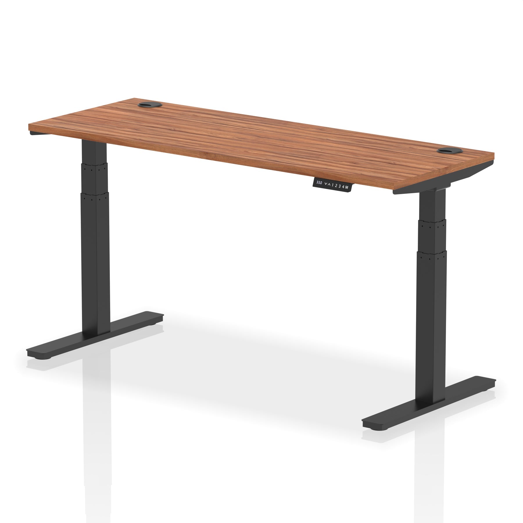 Adjustable height desk with wood-effect top and metal legs on a white background