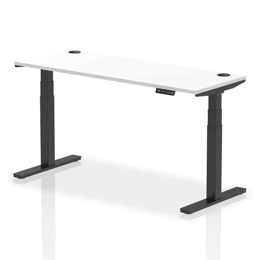 Adjustable height desk with white top and metal legs on a white background