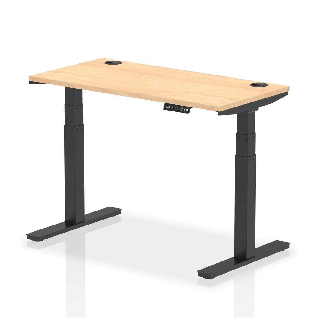 Adjustable height desk with wood-effect top and metal legs on a white background