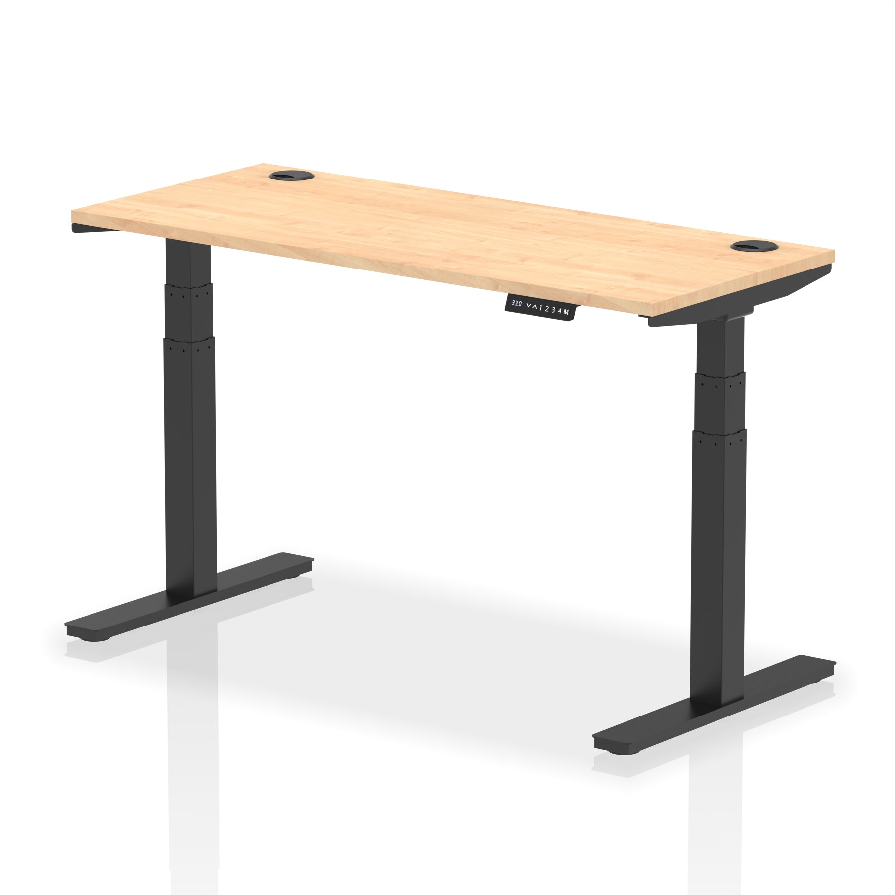 Adjustable height desk with wood-effect top and metal legs on a white background