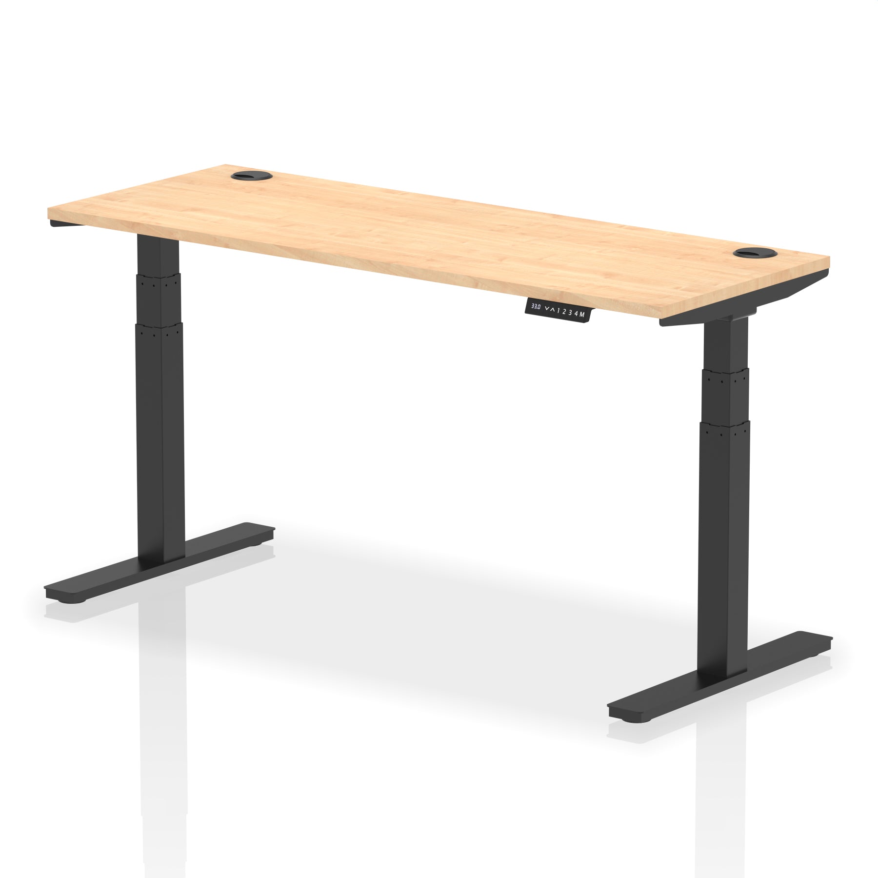 Adjustable height desk with wood-effect top and metal legs on a white background