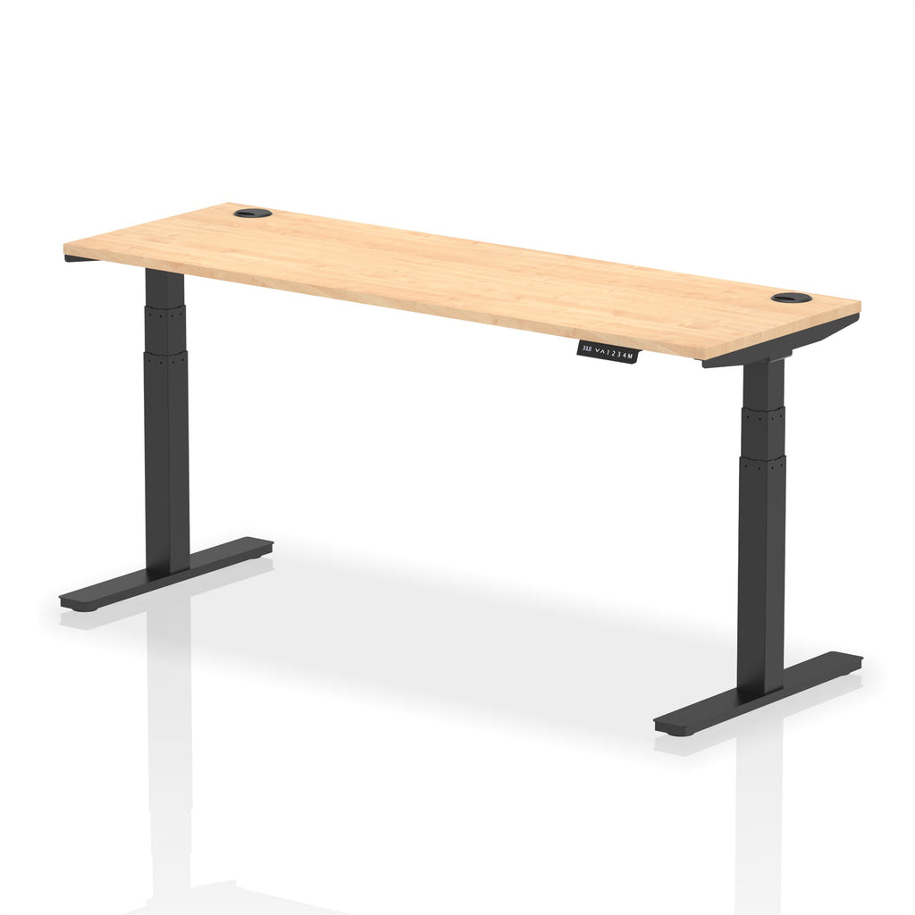 Adjustable height desk with wood-effect top and metal legs on a white background