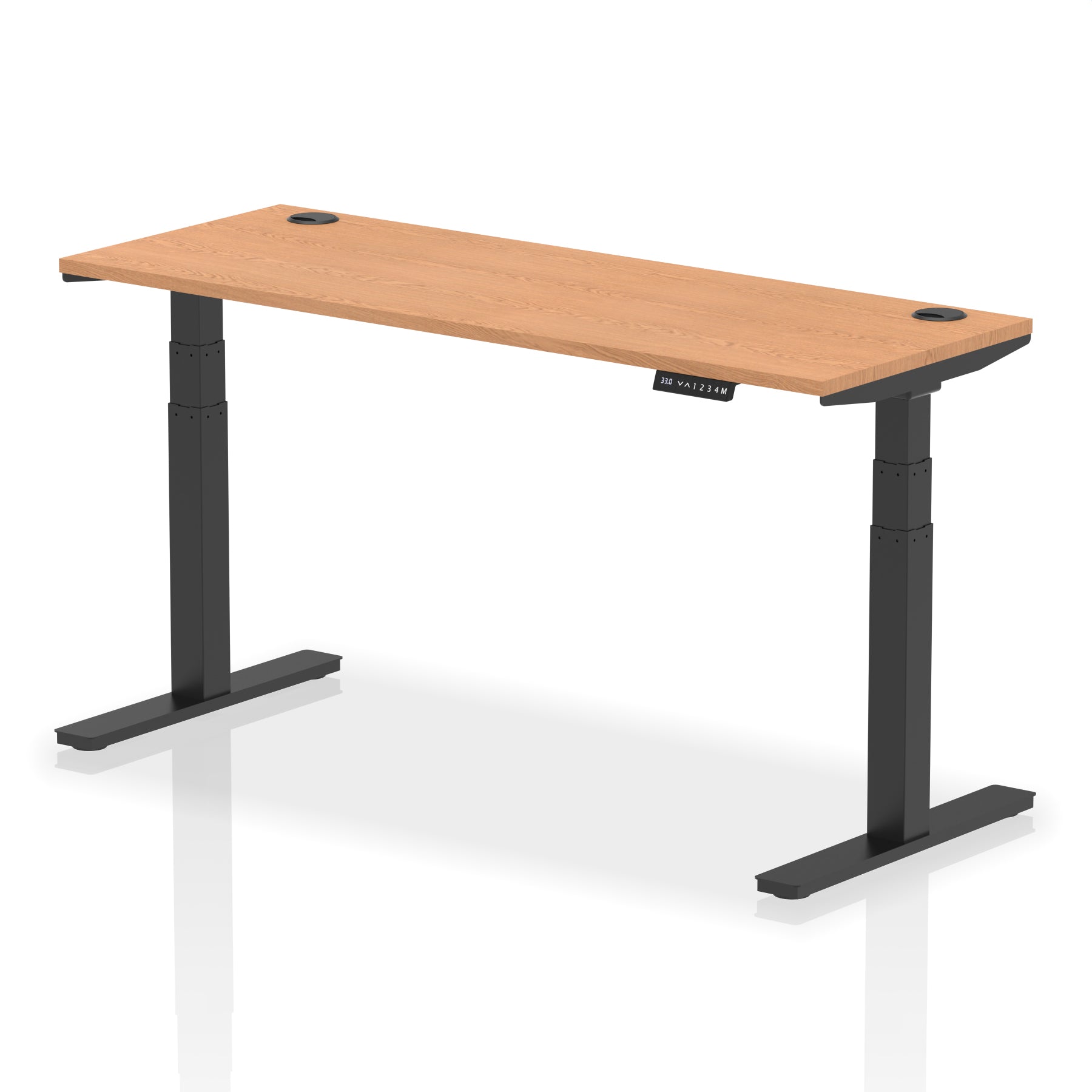 Adjustable height desk with wood-effect top and metal legs on a white background