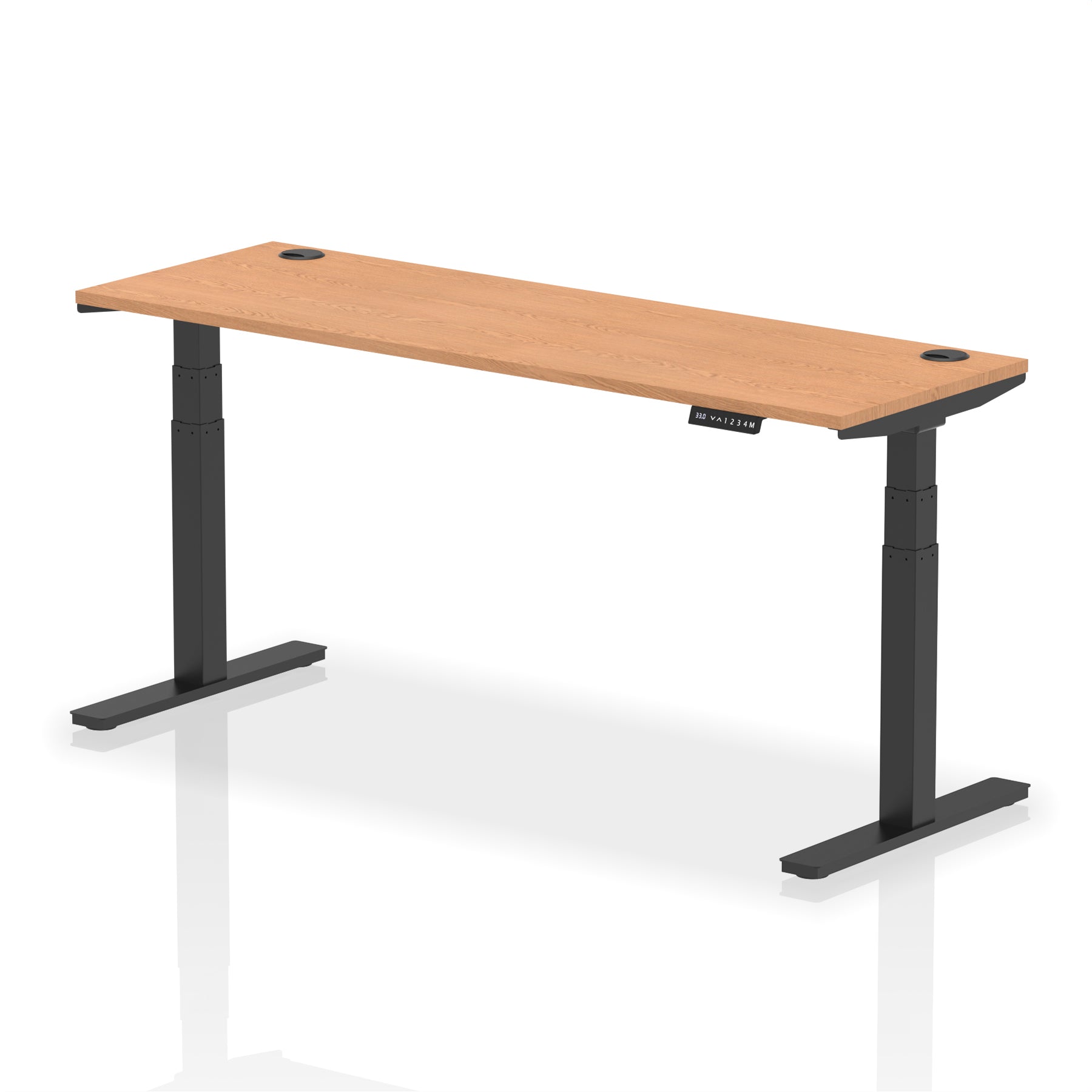 Adjustable height desk with wood-effect top and metal legs on a white background