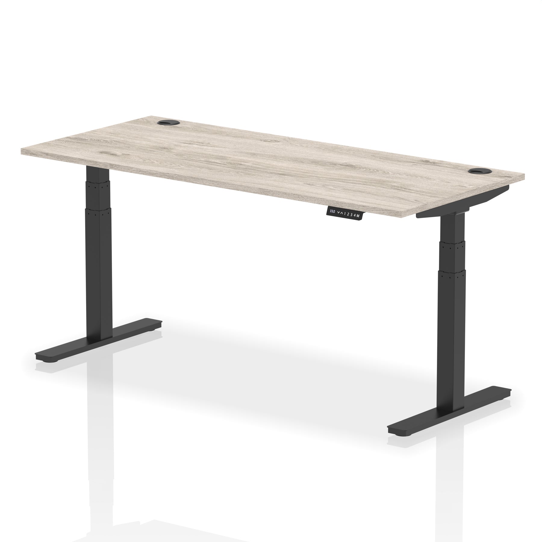 Adjustable height desk with wood-effect top and metal legs on a white background