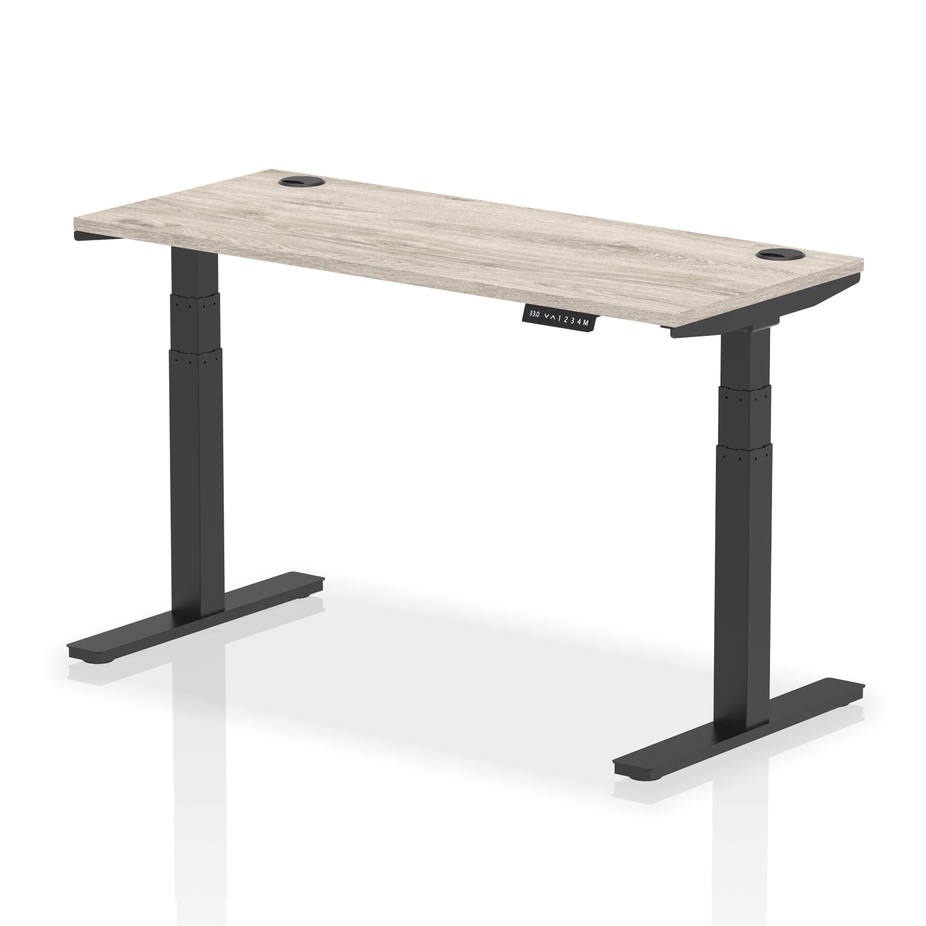 Adjustable height desk with wood-effect top and metal legs on a white background