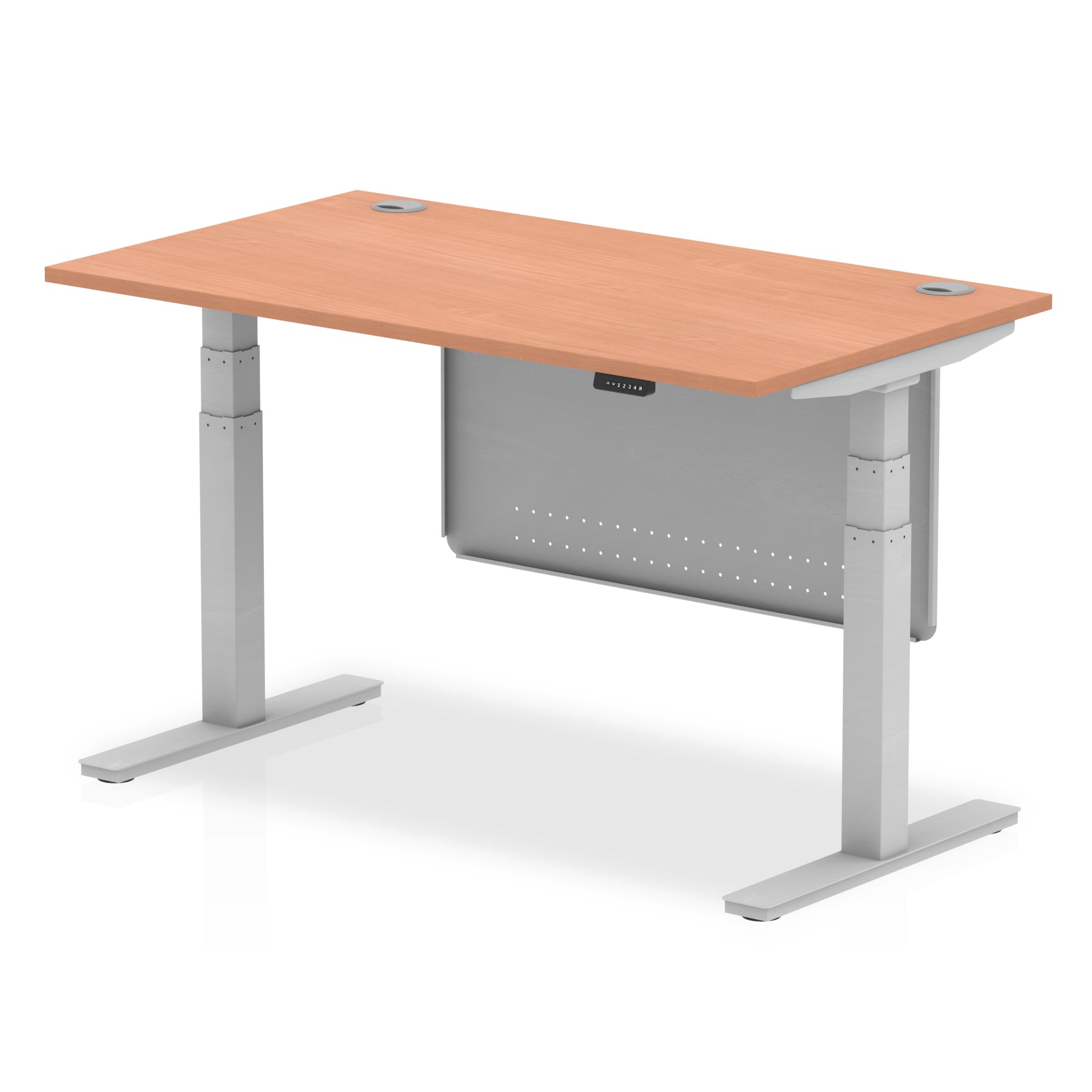 Adjustable height desk with wood-effect top and metal legs with modesty panel on a white background