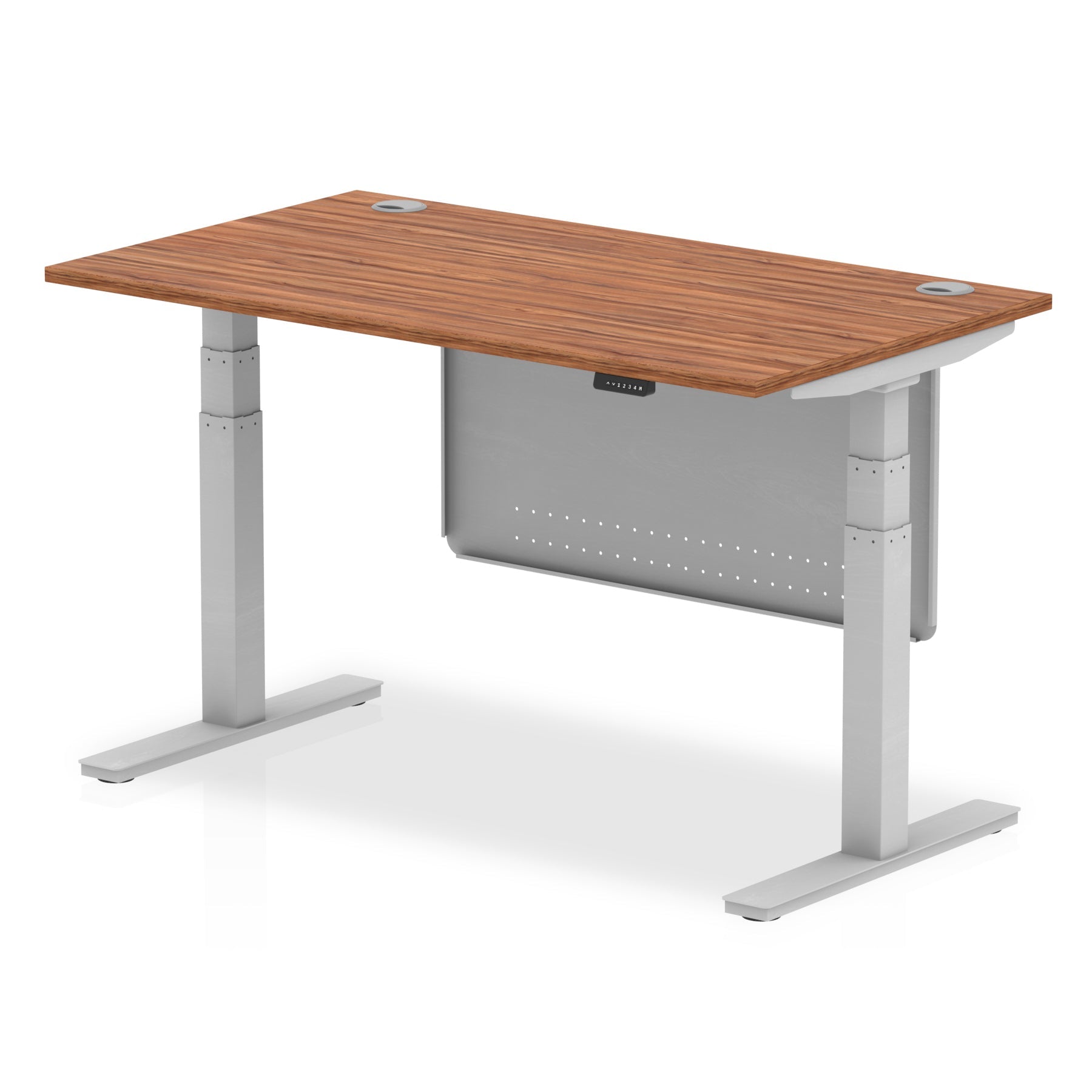 Adjustable height desk with wood-effect top and metal legs with modesty panel on a white background
