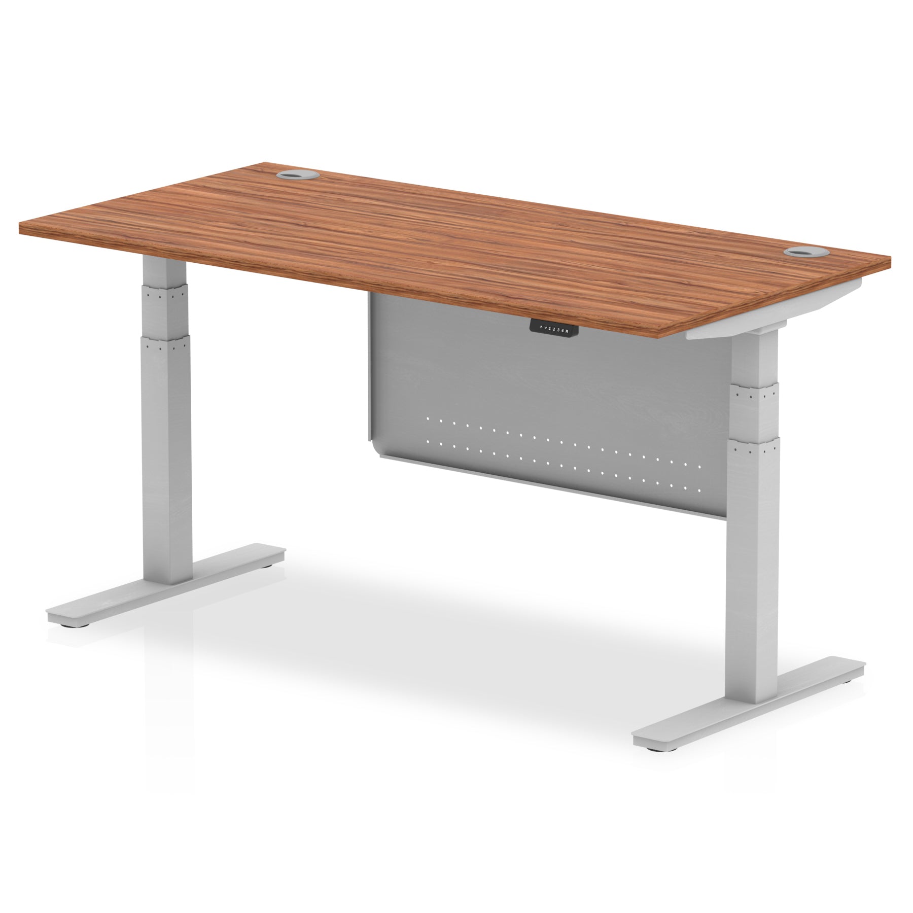 Adjustable height desk with wood-effect top and metal legs with modesty panel on a white background