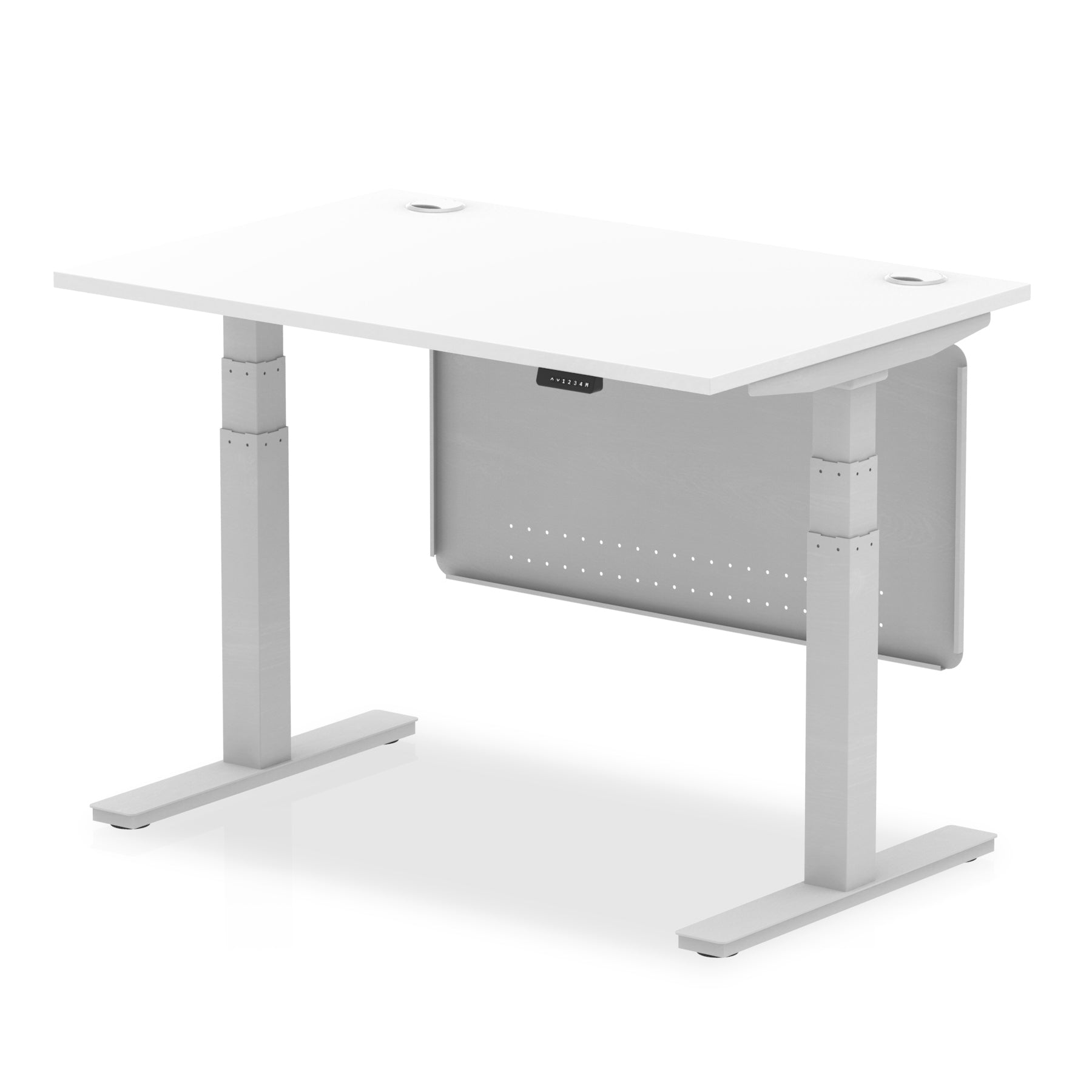 Adjustable height desk with white top and metal legs with modesty panel on a white background