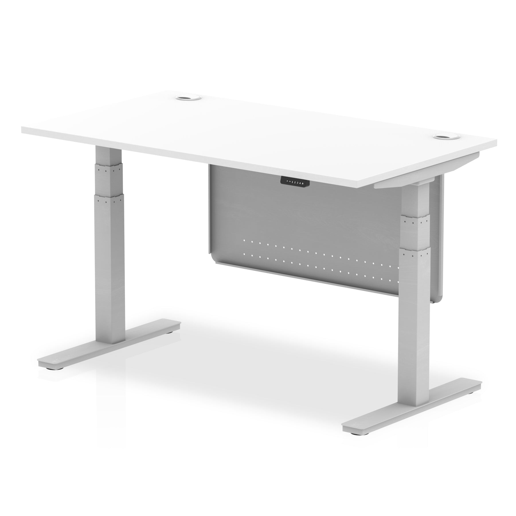 Adjustable height desk with white top and metal legs with modesty panel on a white background