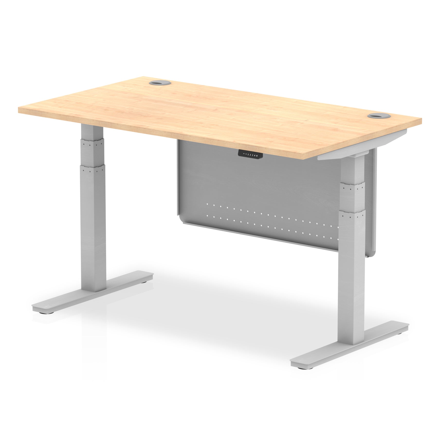 Adjustable height desk with wood-effect top and metal legs with modesty panel on a white background