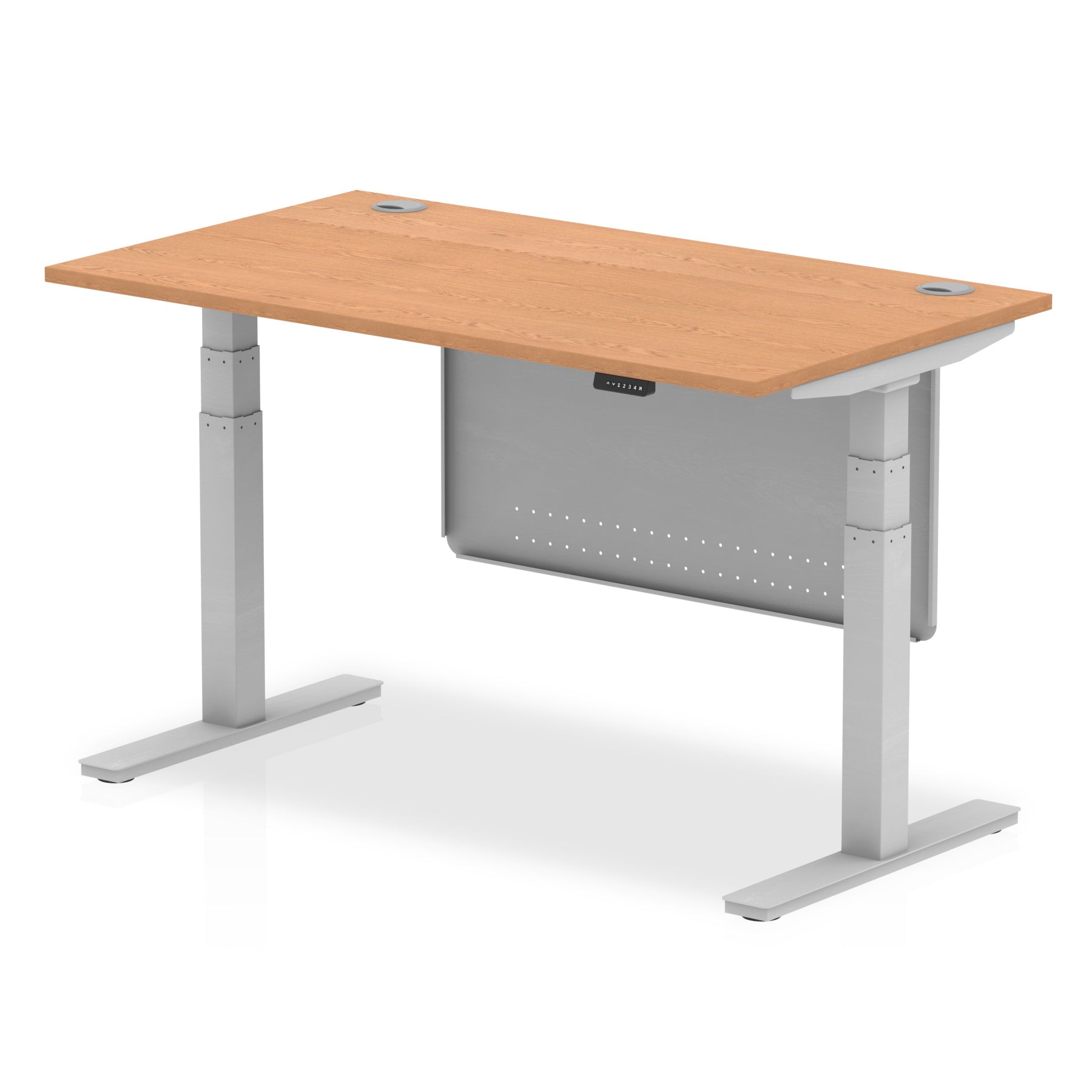 Adjustable height desk with wood-effect top and metal legs with modesty panel on a white background