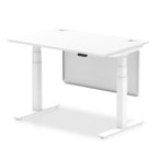 Adjustable height desk with white top and metal legs with modesty panel on a white background