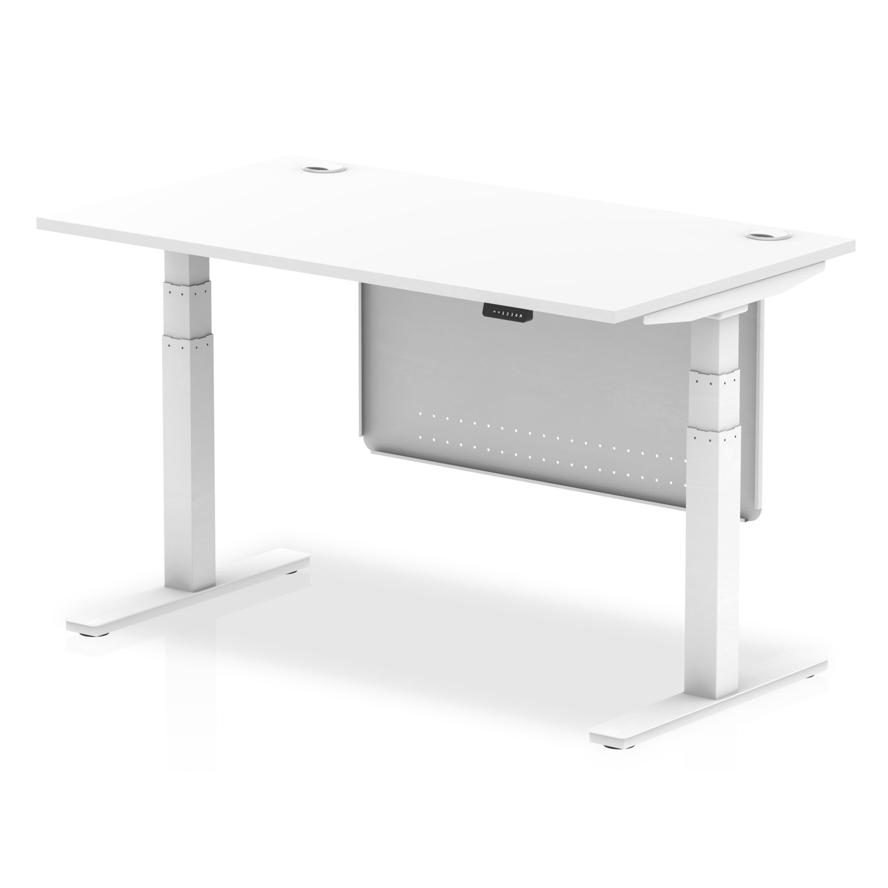 Adjustable height desk with white top and metal legs with modesty panel on a white background