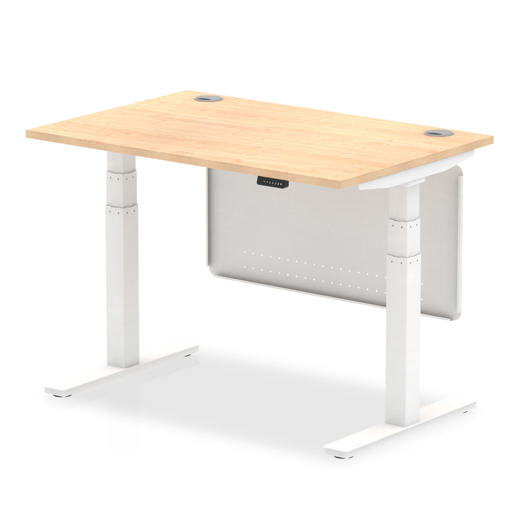 Adjustable height desk with wood-effect top and metal legs with modesty panel on a white background