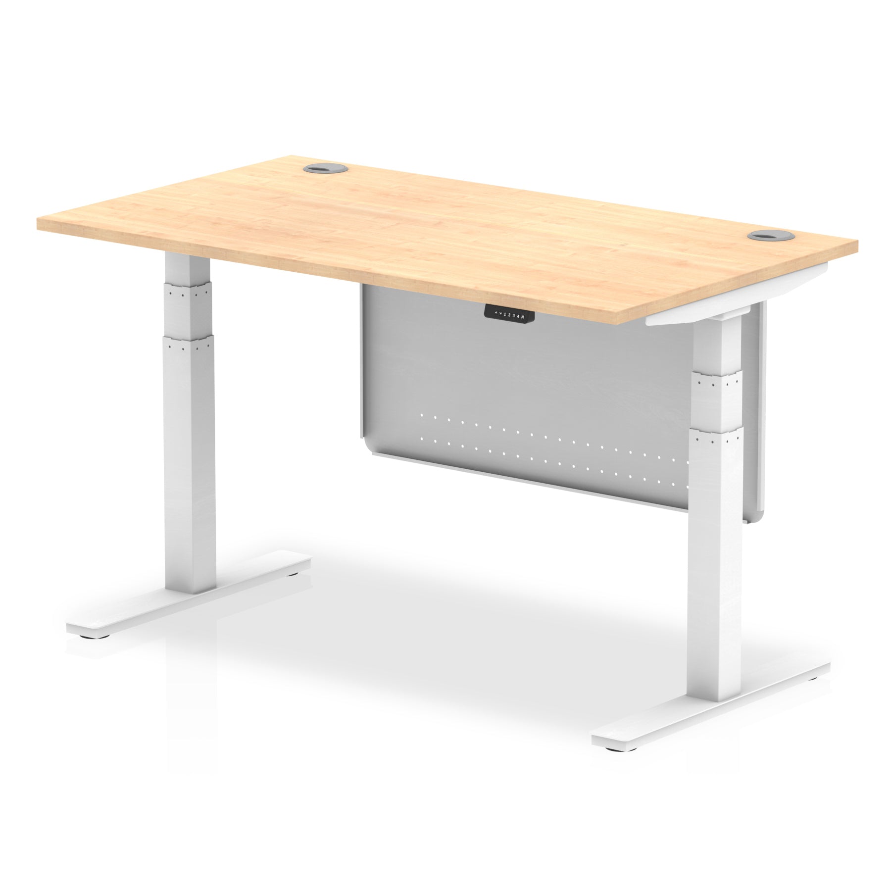 Adjustable height desk with wood-effect top and metal legs with modesty panel on a white background