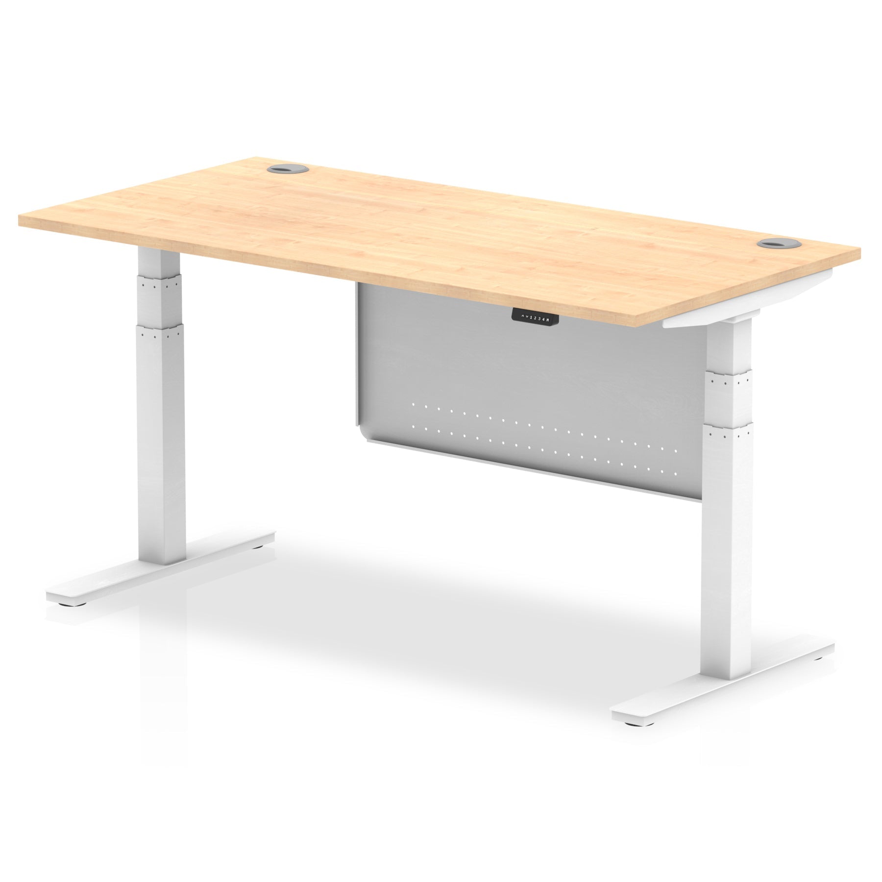 Adjustable height desk with wood-effect top and metal legs with modesty panel on a white background