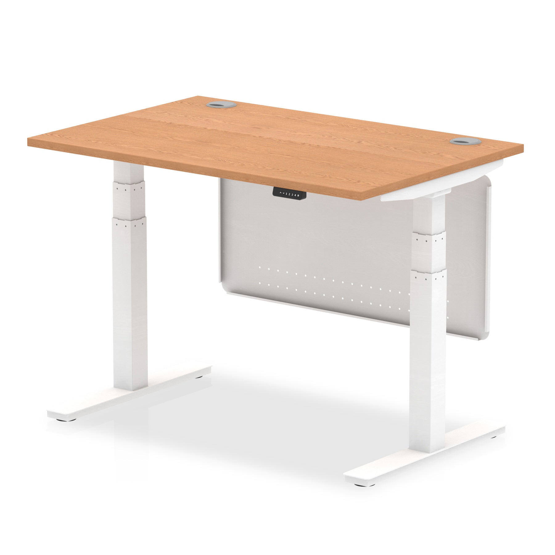 Adjustable height desk with wood-effect top and metal legs with modesty panel on a white background