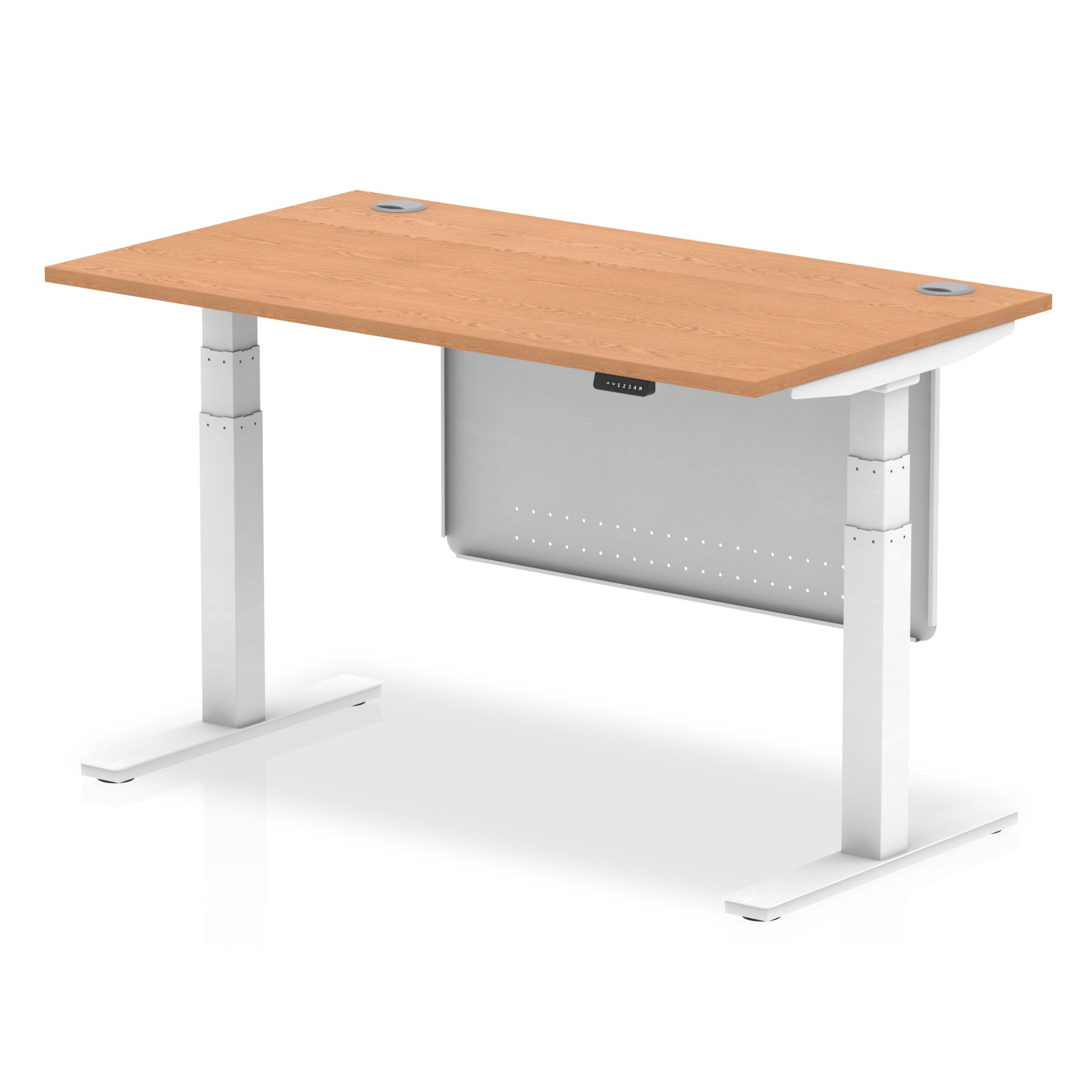 Adjustable height desk with wood-effect top and metal legs with modesty panel on a white background