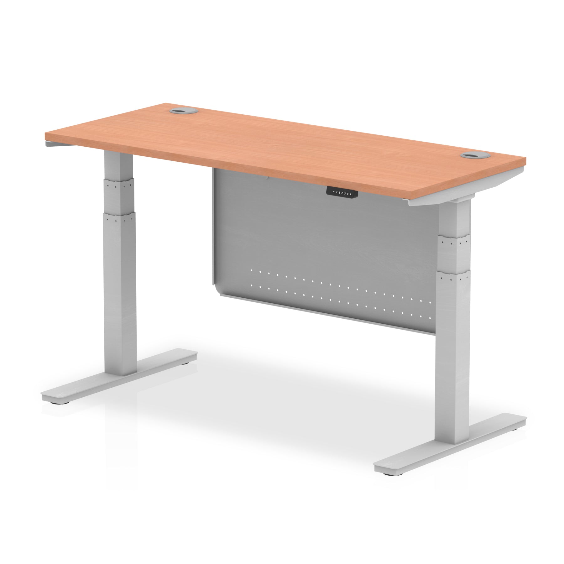 Height-adjustable desk with wood-effect top and metal legs on a white background