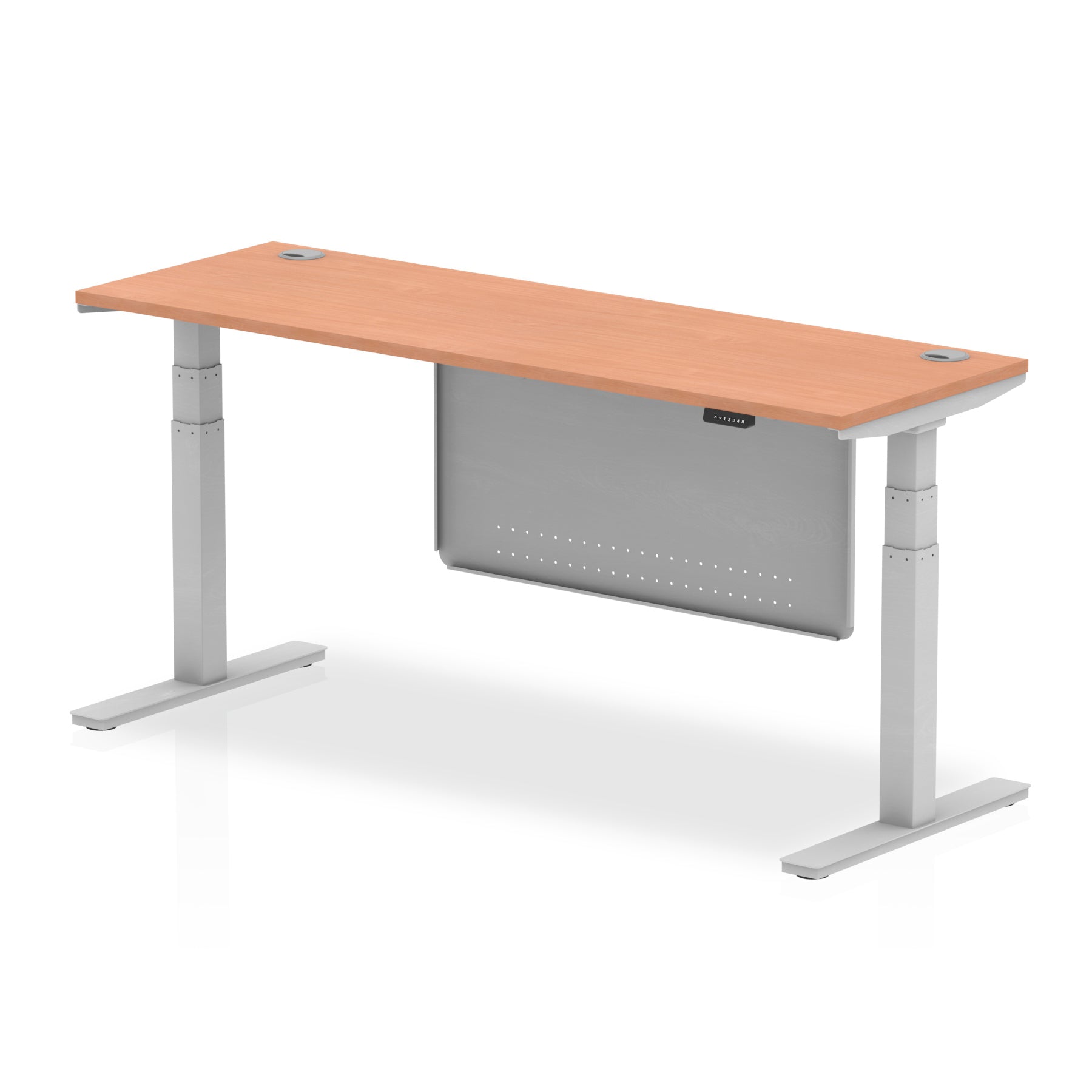 Height-adjustable desk with wood-effect top and metal legs on a white background