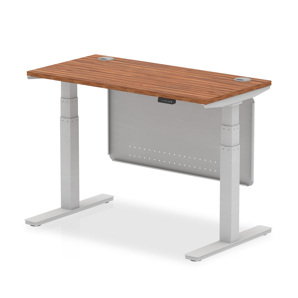 Height-adjustable desk with wood-effect top and metal legs on a white background