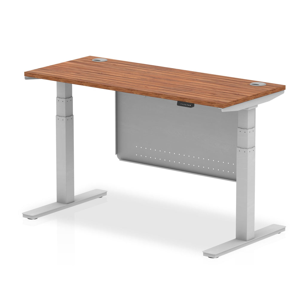 Height-adjustable desk with wood-effect top and metal legs on a white background