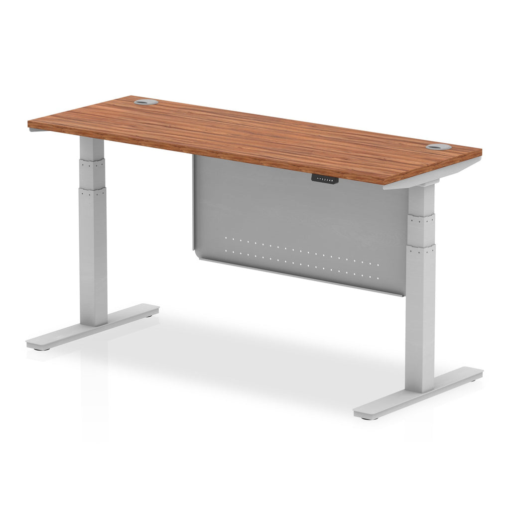 Height-adjustable desk with wood-effect top and metal legs on a white background