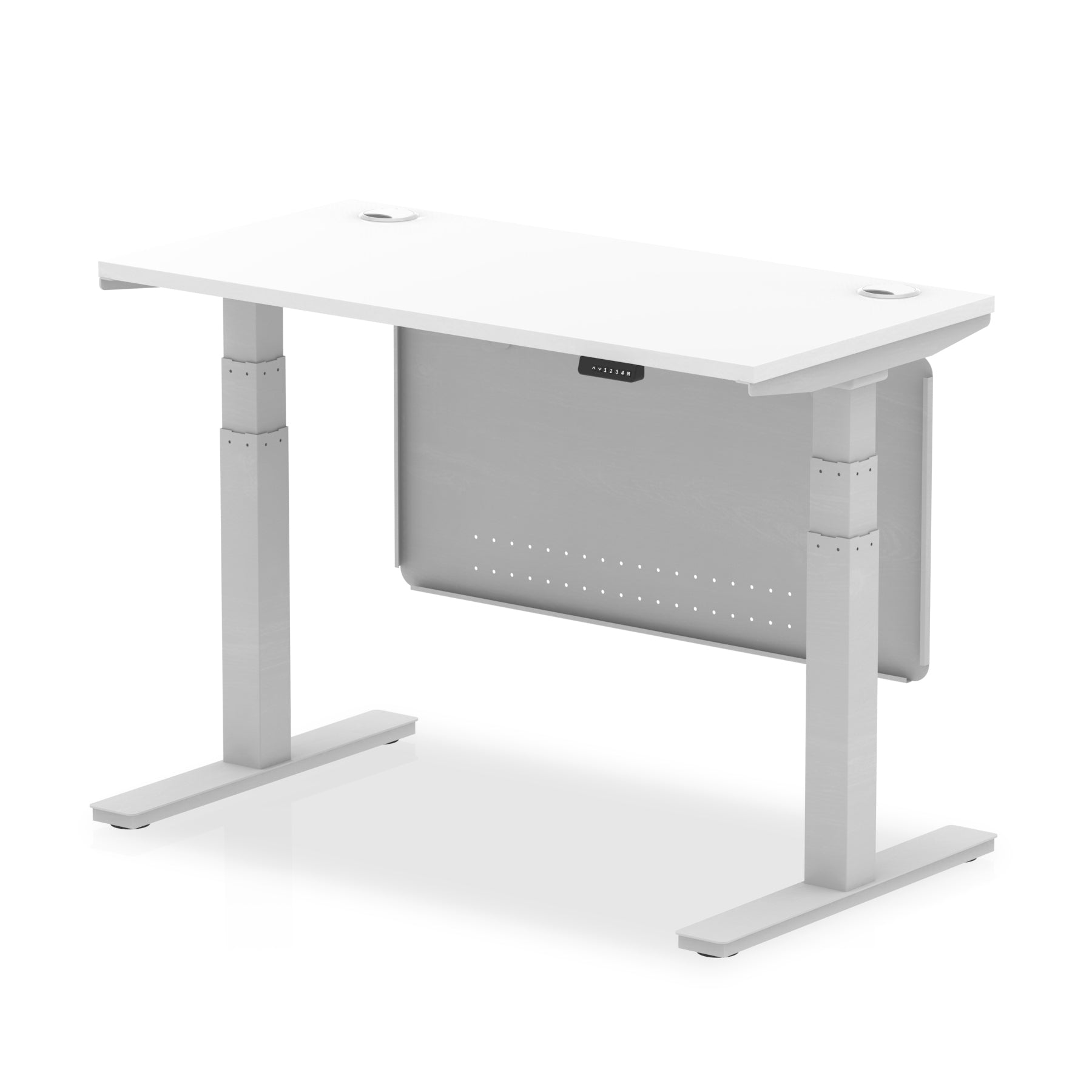 Height-adjustable desk with white top and metal legs on a white background